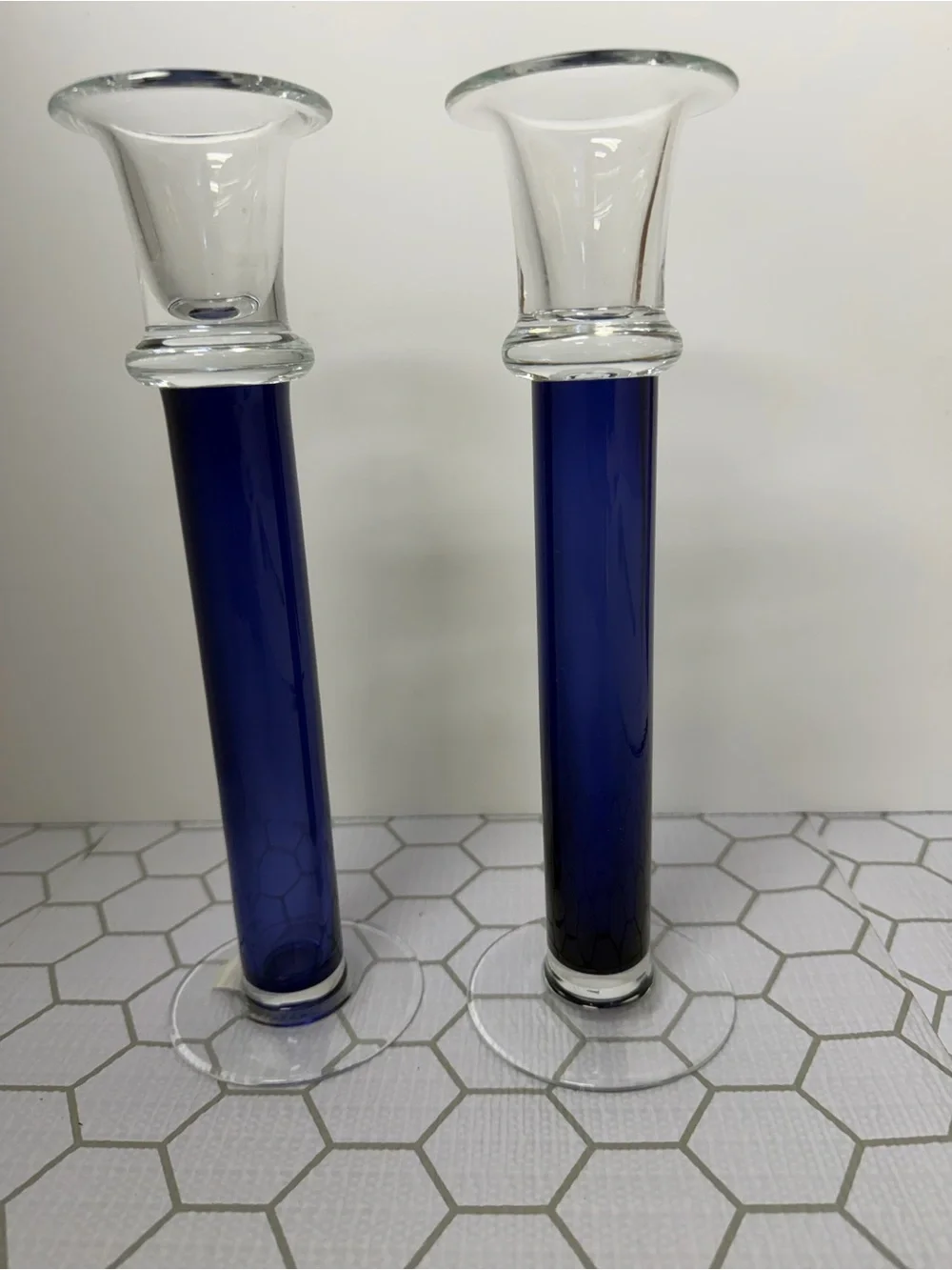 Elegant Blue Glass Taper Candle Holders - Pair